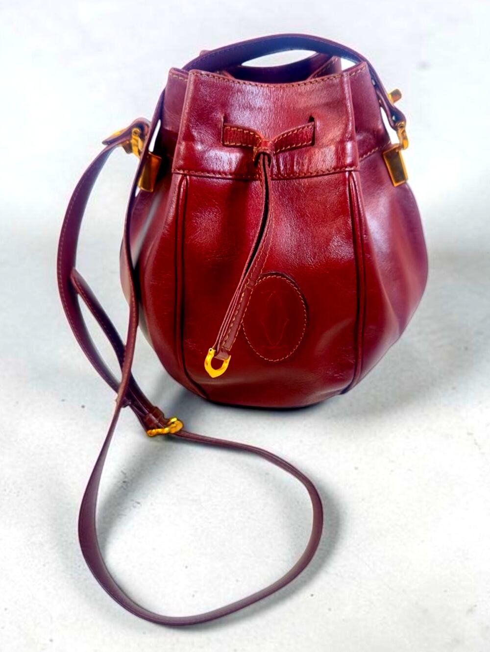 Vintage Cartier Must De Cartier Burgundy Leather Bucket Bag w/ COA & Dust Bag
